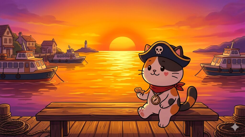 夕日を眺めながらくつろいでいるココロ船長