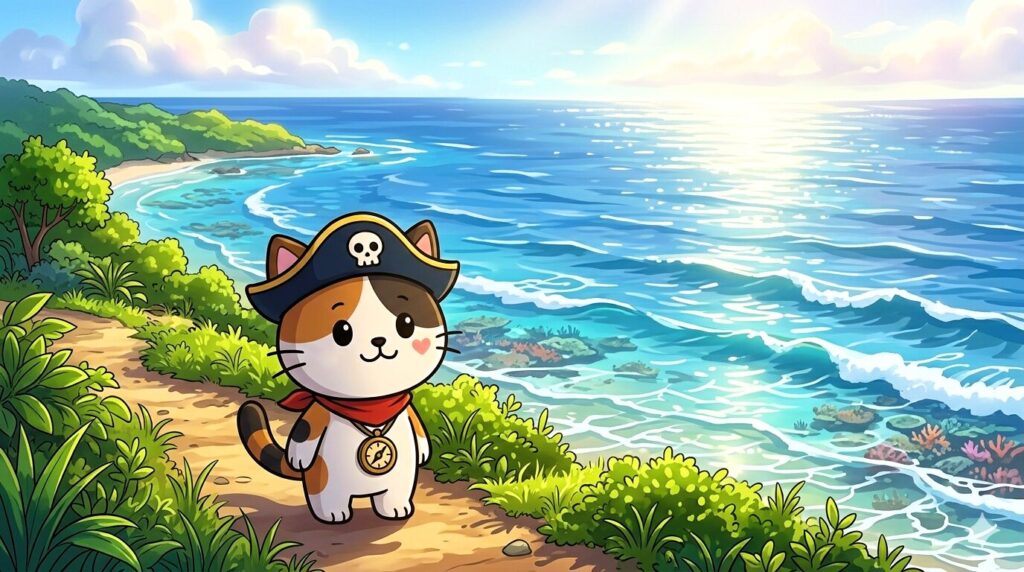 海を眺めながら旅の始まりを感じているココロ船長