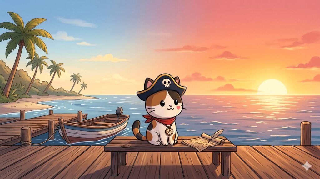 海を見ながら物思いにふけっているココロ船長