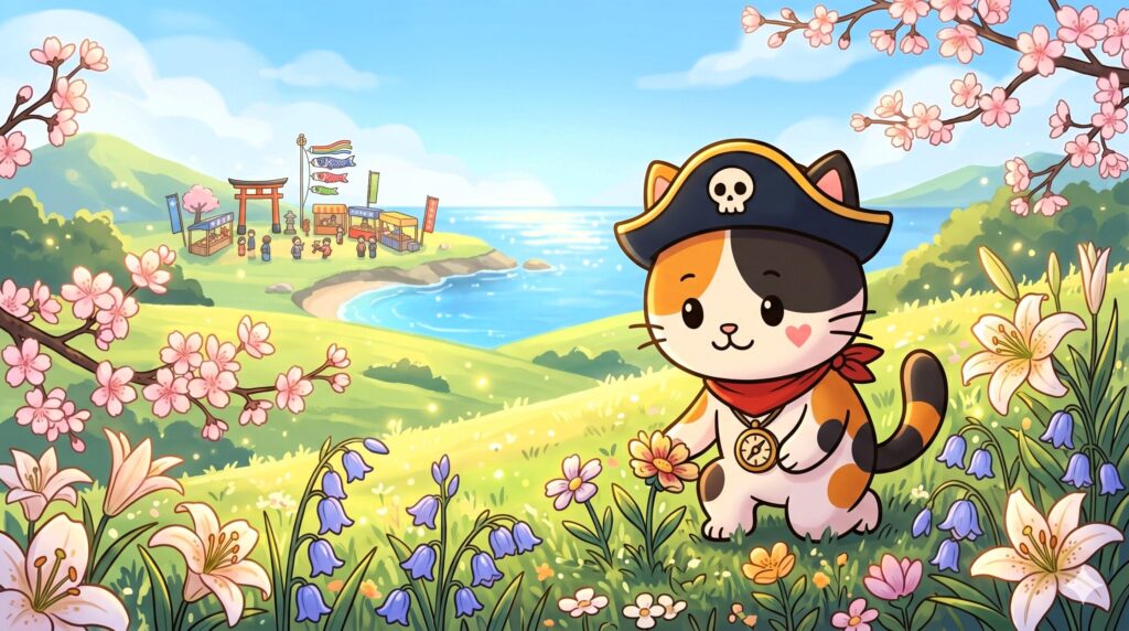 花をのぞき込みながら遠くの祭りを気にするココロ船長