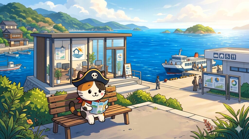 島の施設前で案内を見ているココロ船長