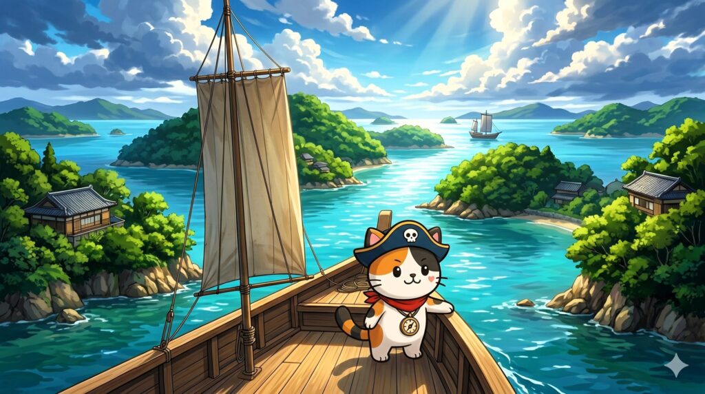船の上で海を見つめるココロ船長