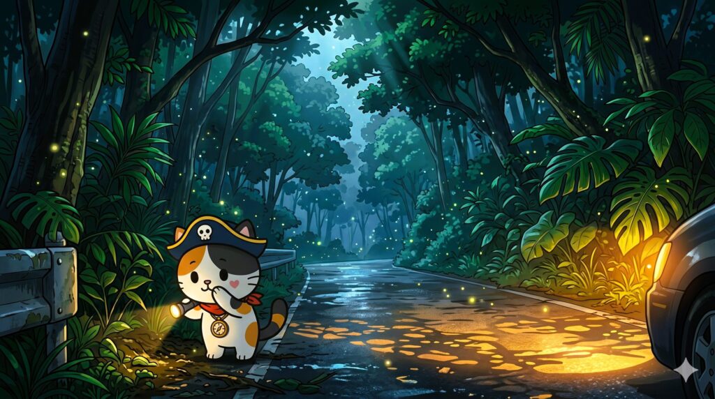 夜の森を慎重にのぞき込んでいるココロ船長