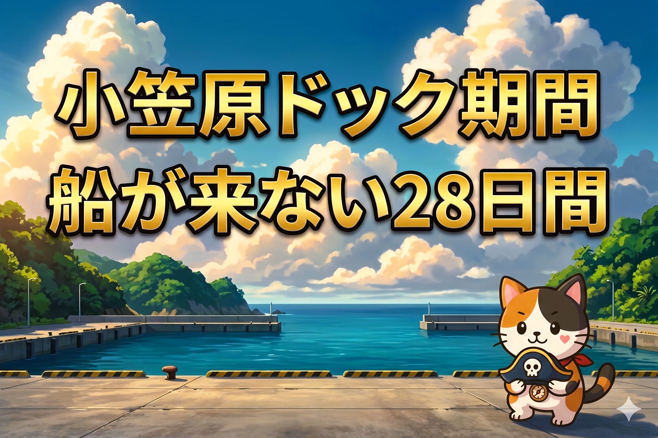 静かな港を見つめてしゃがんでいるココロ船長