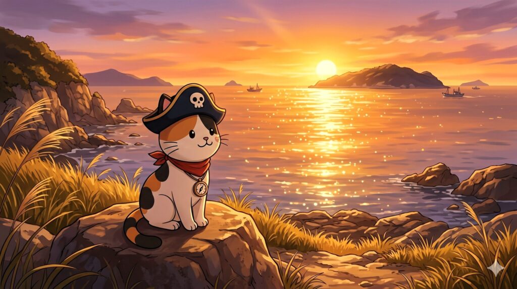夕日の海を眺めながら座ってくつろぐココロ船長