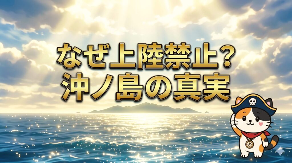 沖ノ島を遠くに望み帽子を押さえながら見つめるココロ船長