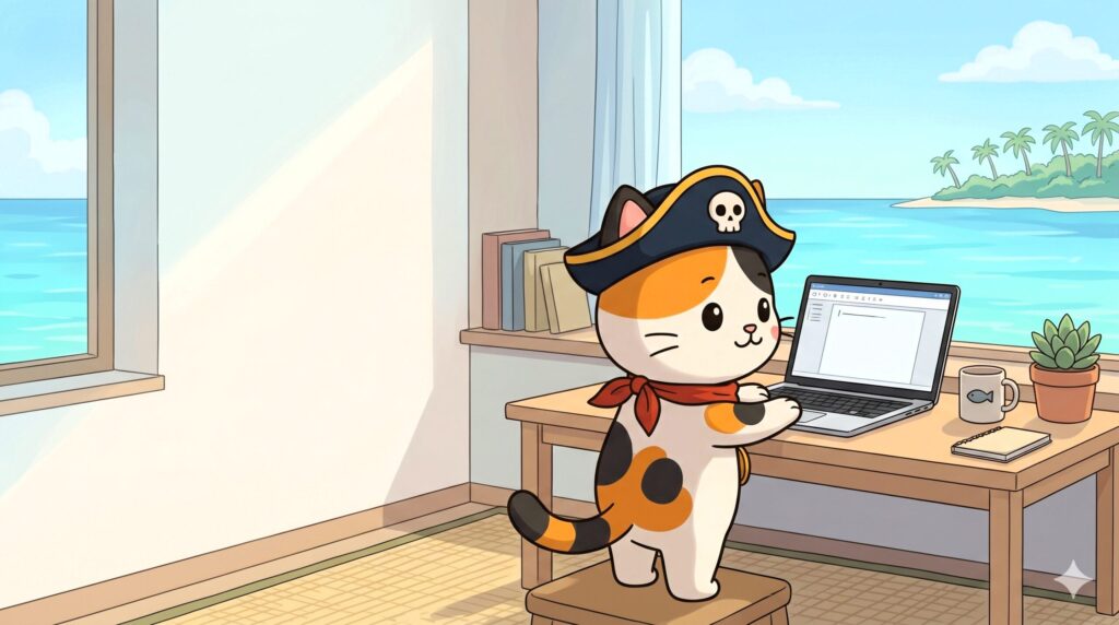 ノートパソコンで作業しているココロ船長