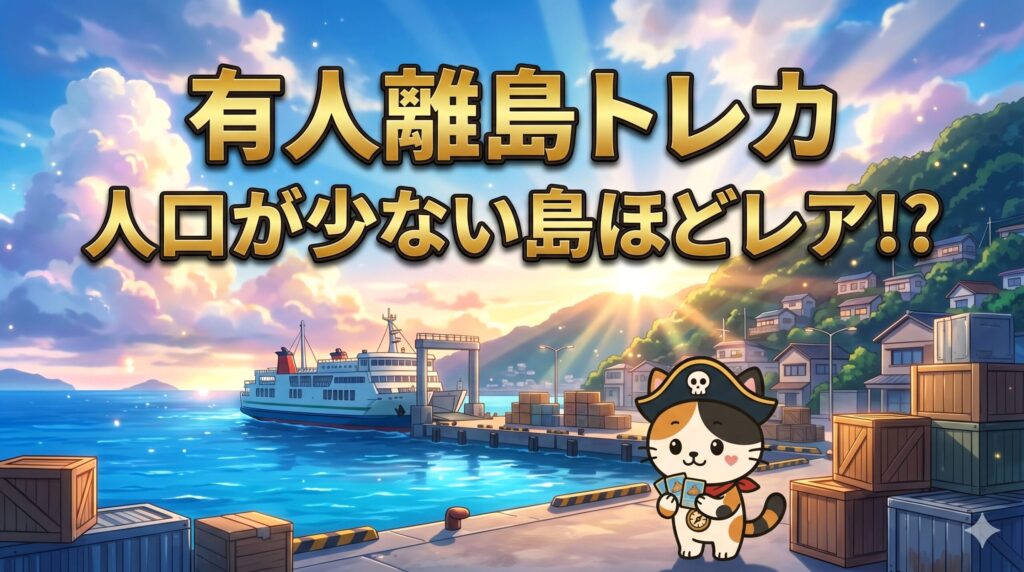 離島トレカを見ながら港でワクワクしているココロ船長