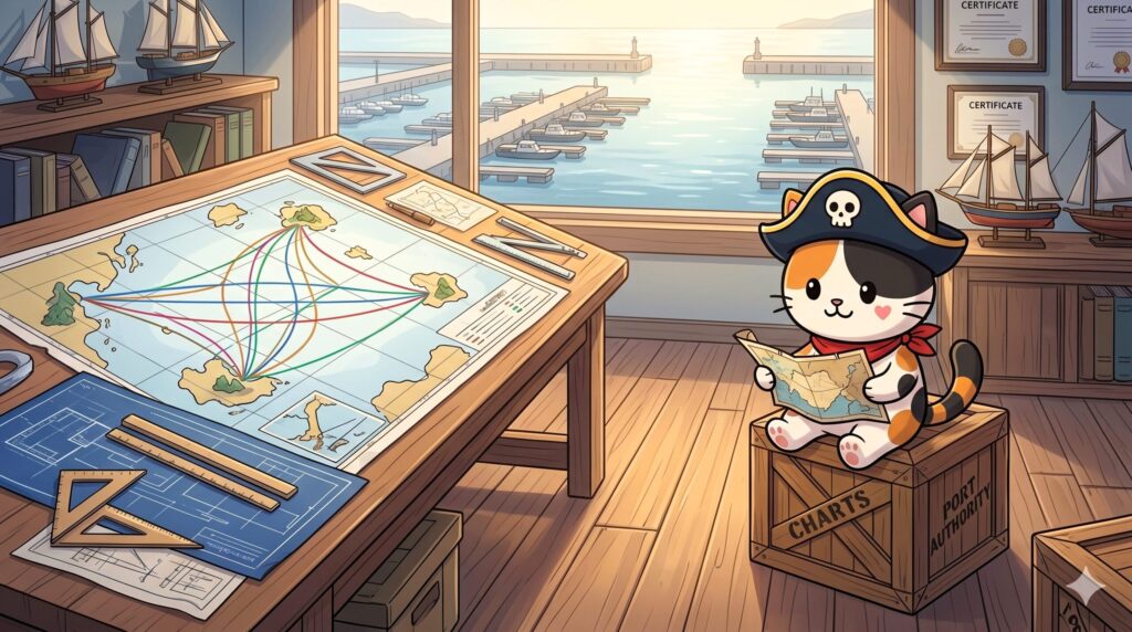 地図を見ながら計画を立てているココロ船長