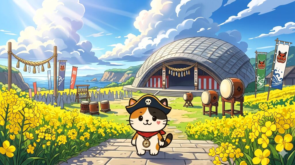 春の佐渡の祭りと景色を見渡しているココロ船長