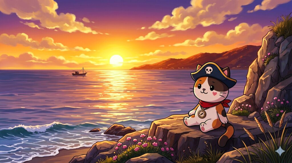 夕焼けの海を眺めて満足そうにしているココロ船長
