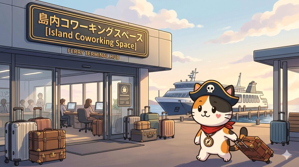 荷物を持って歩くココロ船長  