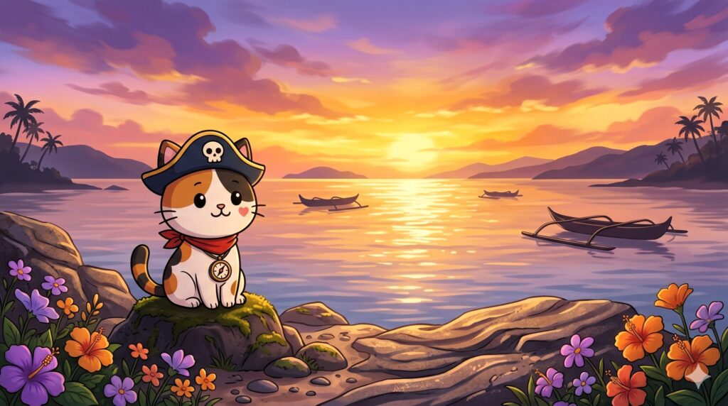 夕日を眺めながら座っているココロ船長