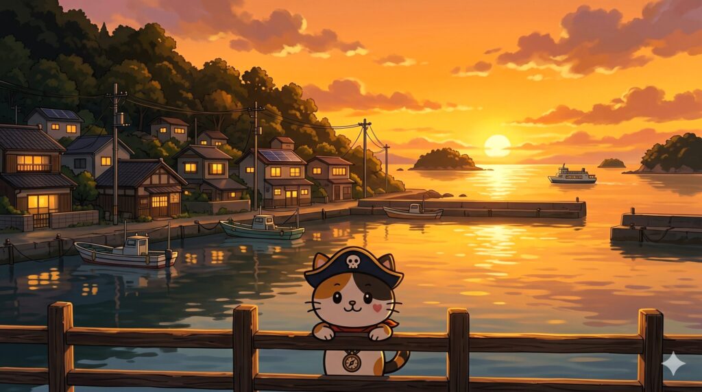夕暮れの港で景色を眺めているココロ船長