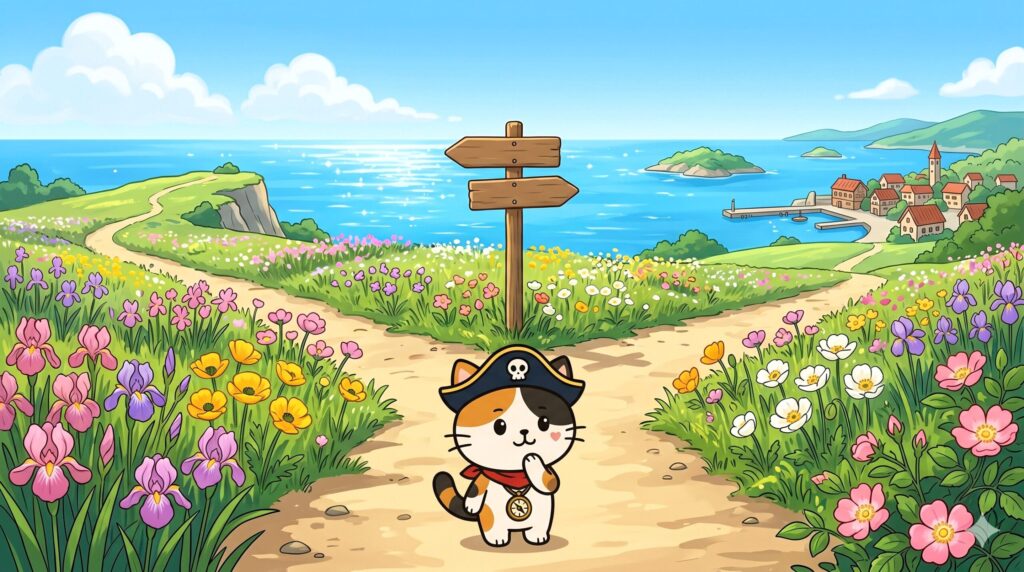 分かれ道で考えているココロ船長