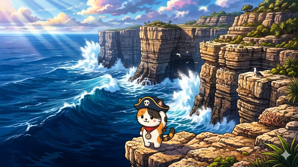 断崖の海をのぞき込んでいるココロ船長