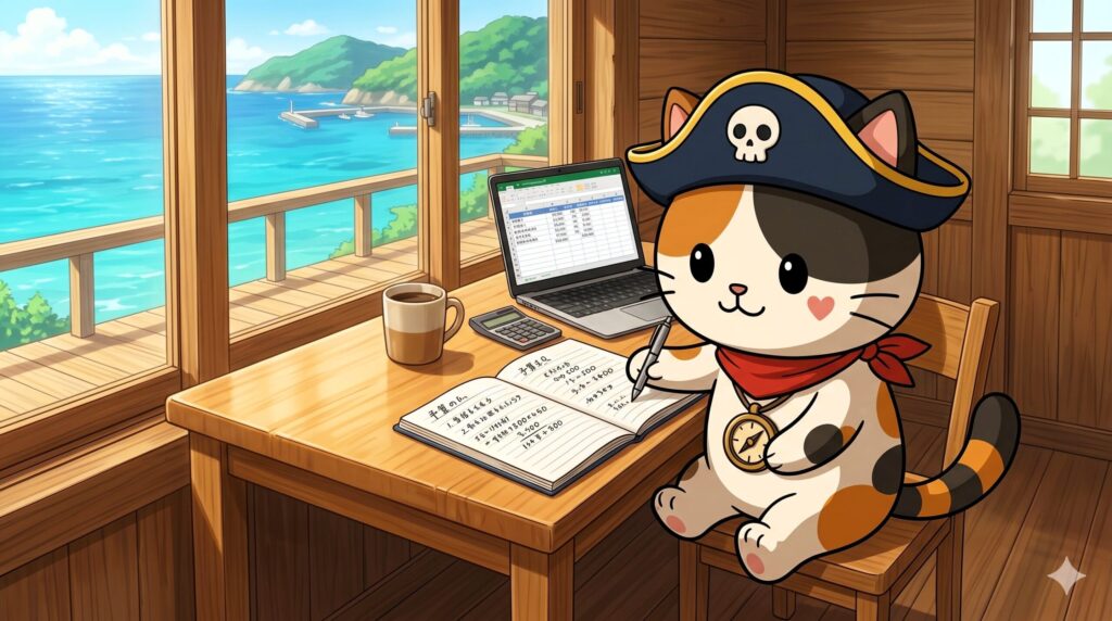 ノートで費用を確認するココロ船長  