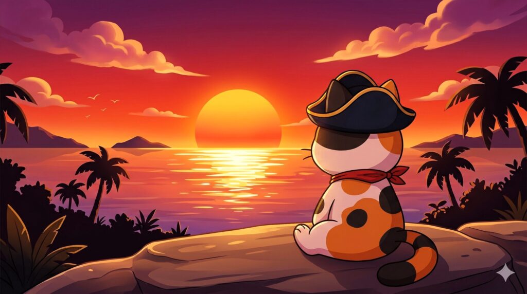 夕日を眺めるココロ船長  