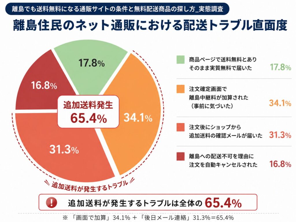 離島在住者214名へのネット通販調査グラフ。商品ページで送料無料とあっても、実際に追加送料が発生（画面加算34.1%、後日メール31.3%）したり自動キャンセル（16.8%）されたりするケースが全体の8割以上を占める実態を示しています。