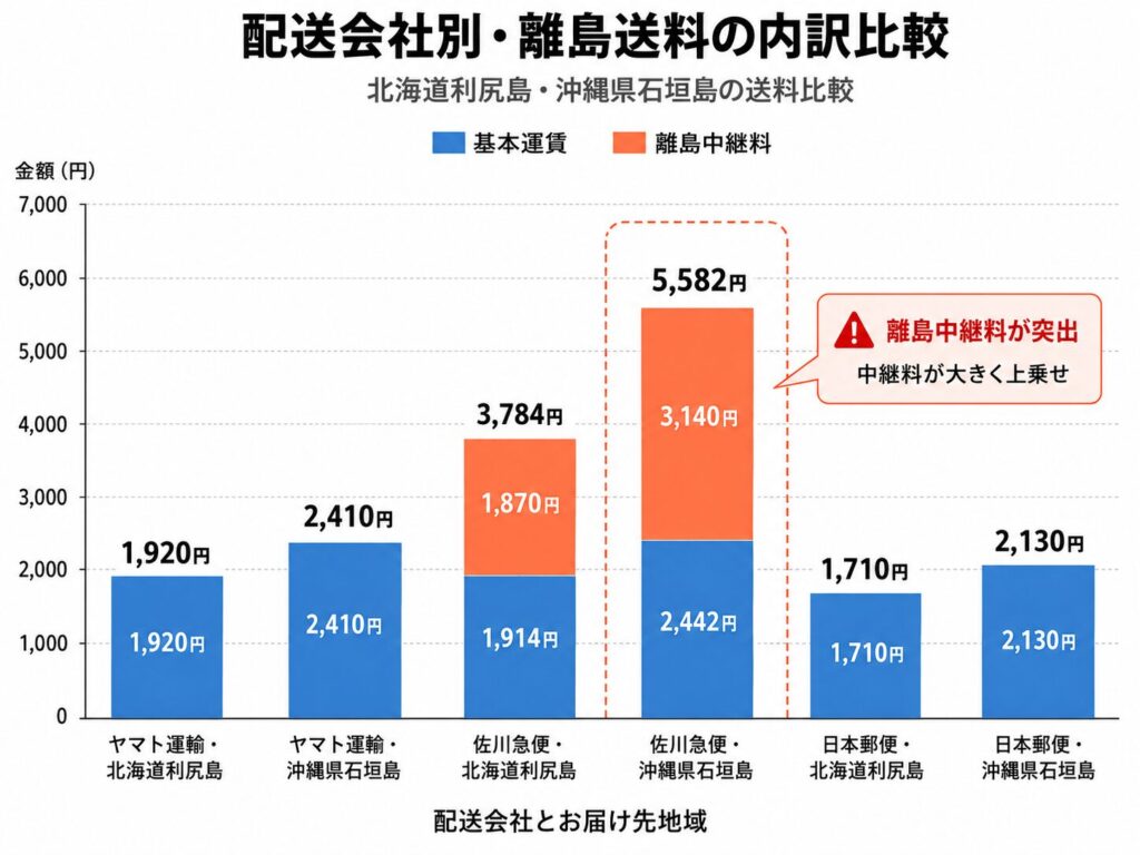 東京から北海道利尻島と沖縄県石垣島へ100サイズ荷物を送った際の送料比較グラフ。ヤマト運輸と日本郵便は離島中継料が0円であるのに対し、佐川急便は基本運賃に加え1870円から3140円の中継料が加算される実態を示しています。
