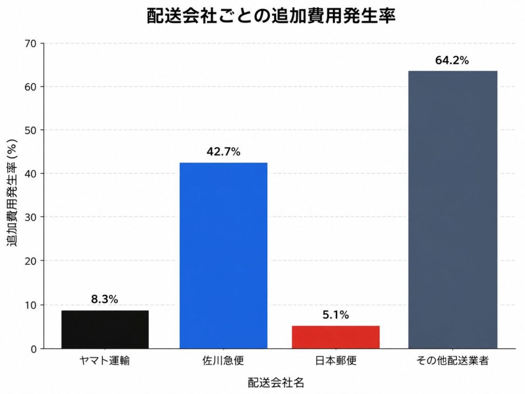 配送会社別の離島追加送料発生率を示すグラフです。佐川急便やその他配送業者は中継料が発生するケースが多い一方で、ヤマト運輸や日本郵便は追加費用の発生率が低いという調査結果を表しています。