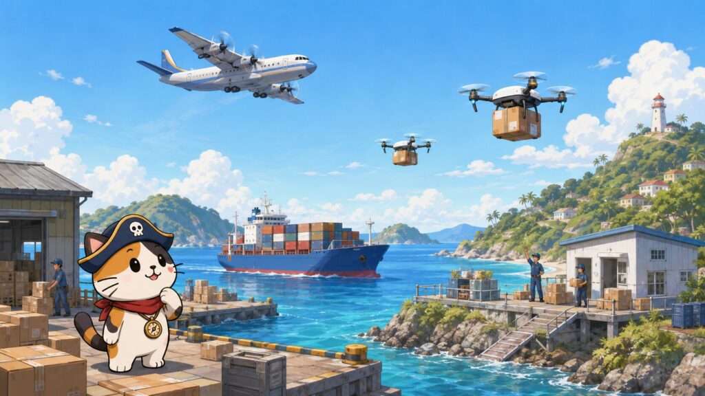 離島へ向かう配送船と上空の貨物機やドローンを通して、これからの離島配送の進化を表した画像