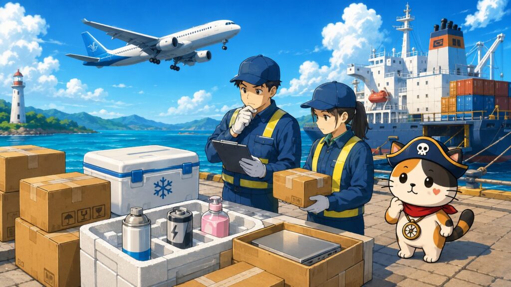 飛行機や船、保冷箱と荷物検査を通して、離島配送で対象外や遅延が起きる理由を表した画像