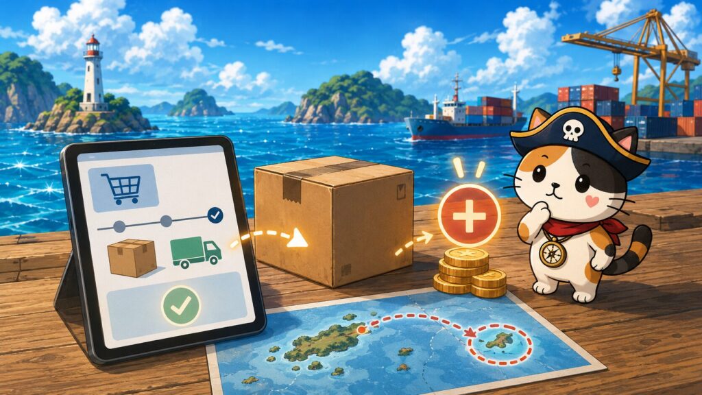 通販カート画面と配送先の島を背景に、送料無料表示でも追加送料が発生する仕組みを表した画像