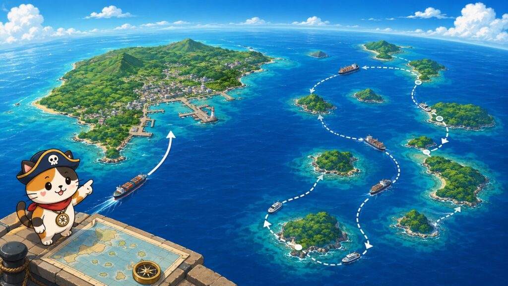 沖縄本島と周辺離島へ分かれる航路を通して、配送条件の違いを表した画像