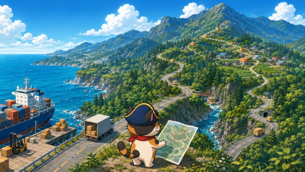 山間部や半島へ続く複雑な配送ルートを通して、一部地域で配送条件が変わる様子を表した画像