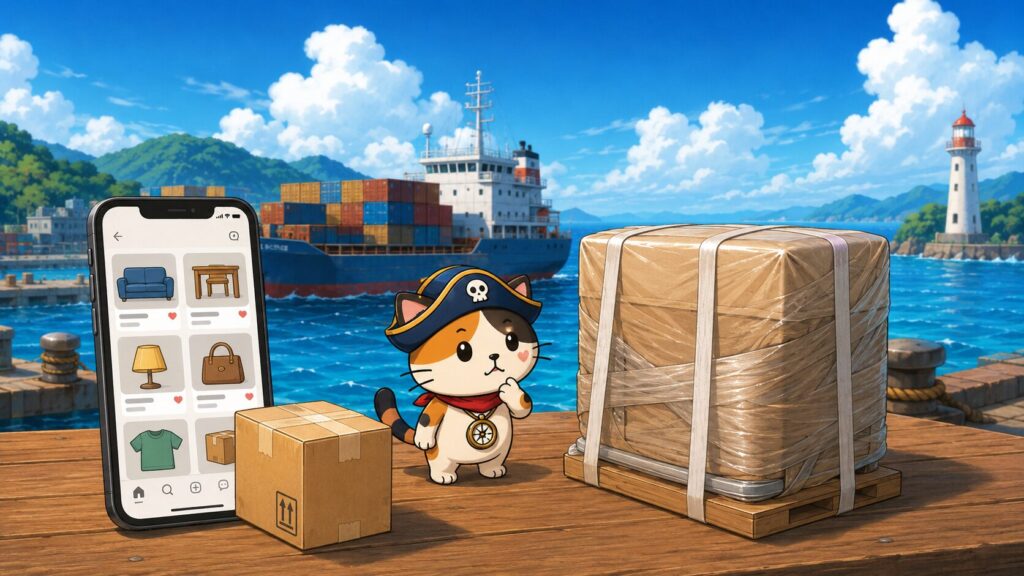 スマホの出品画面と小型荷物、大型家具を見比べ、フリマアプリで離島配送が難しくなる理由を表した画像
