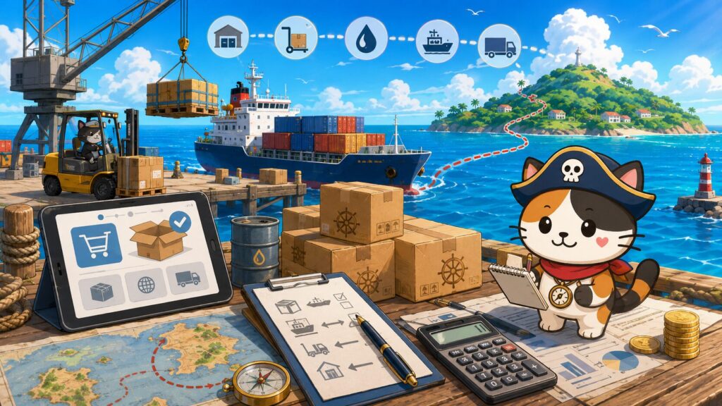 港の荷物や配送船、通販画面を通して、離島の送料無料表示の裏にある物流コストを表した画像