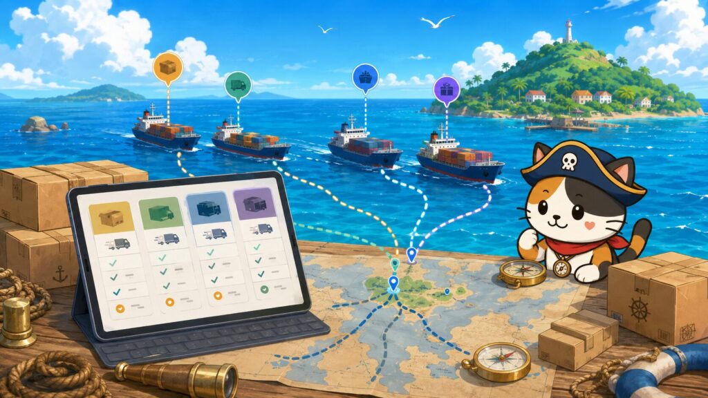 複数の配送ルートと通販画面を通して、大手通販サイトごとの送料無料条件の違いを表した画像