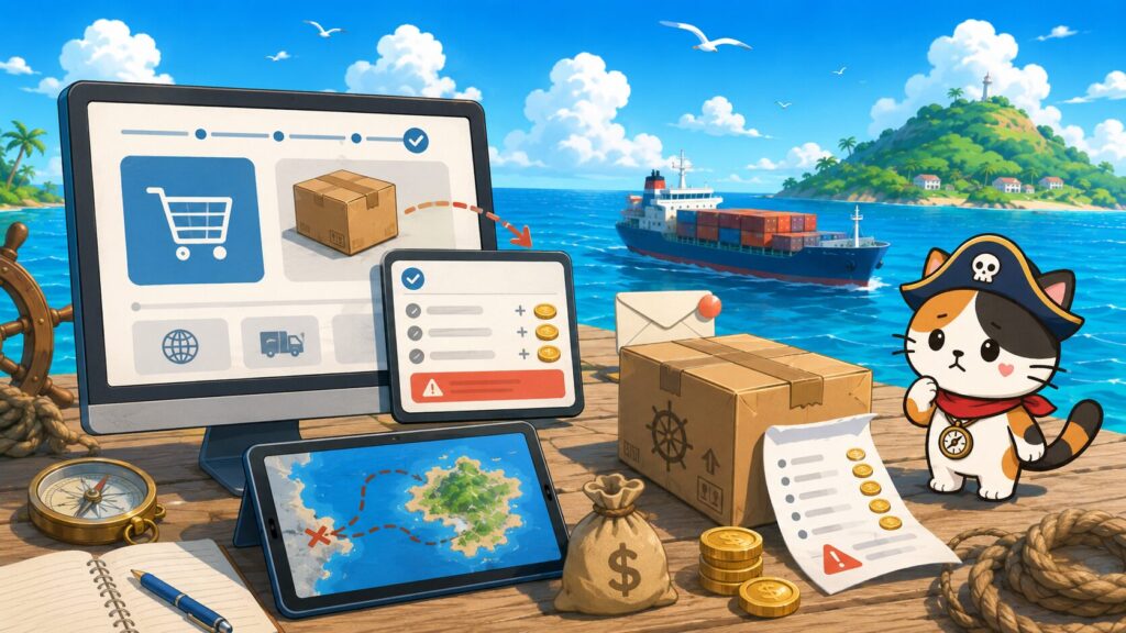 通販画面や荷物、送料確認の道具を通して、送料無料表示後に追加送料が発生する注意点を表した画像