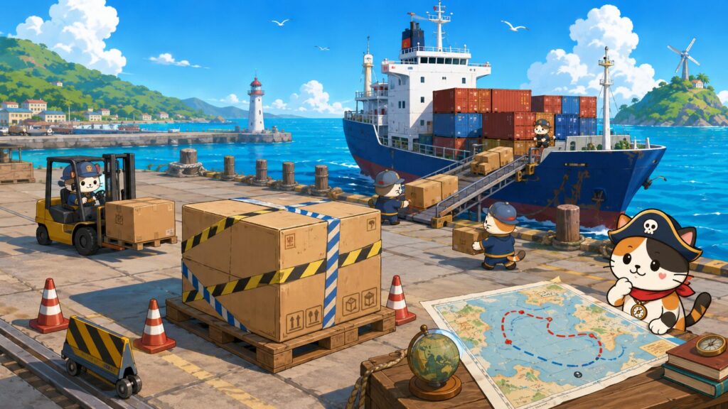 港の配送ルートと大型荷物の確認風景を通して、離島配送で注文後キャンセルが起きる理由を表した画像