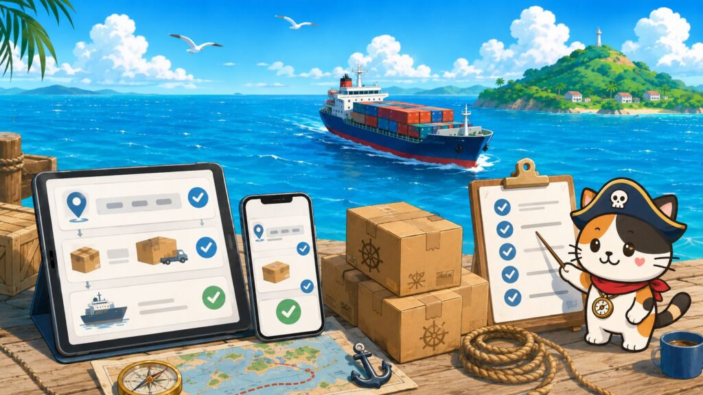 スマホやチェックリスト、地図を使って、離島でも送料無料の商品を探す手順を表した画像