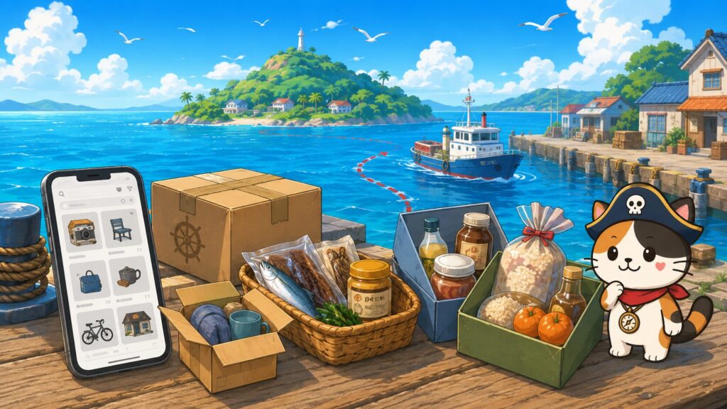 スマホの出品画面風表示や返礼品の荷物を通して、通販以外で離島配送の選択肢を広げる方法を表した画像