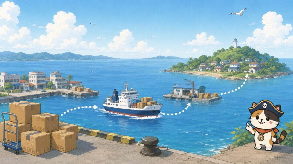港の荷物とフェリーの航路を通して、離島送料や中継料金の基本的な仕組みを表した画像
