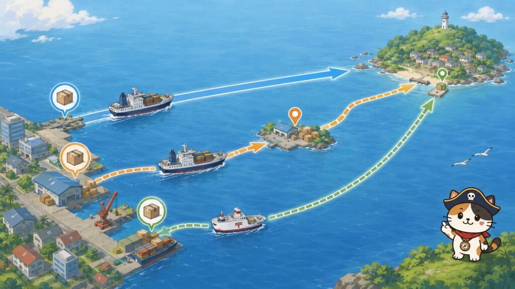 複数の配送ルートと離島への航路を通して、配送会社ごとの送料や追加料金の違いを表した画像