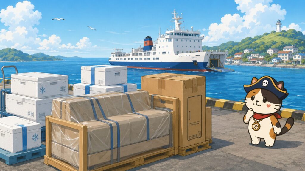 港に並ぶ保冷ボックスや大型家具を通して、離島配送で注意が必要な荷物を表した画像