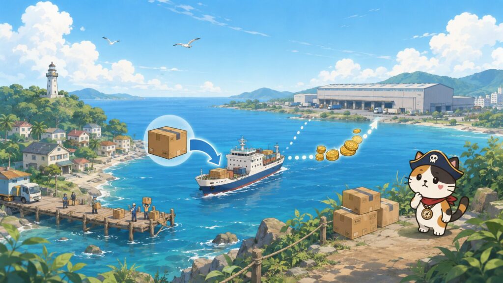 離島からの配送ルートや費用の流れを通して、返品時の送料や例外サービスの注意点を表した画像