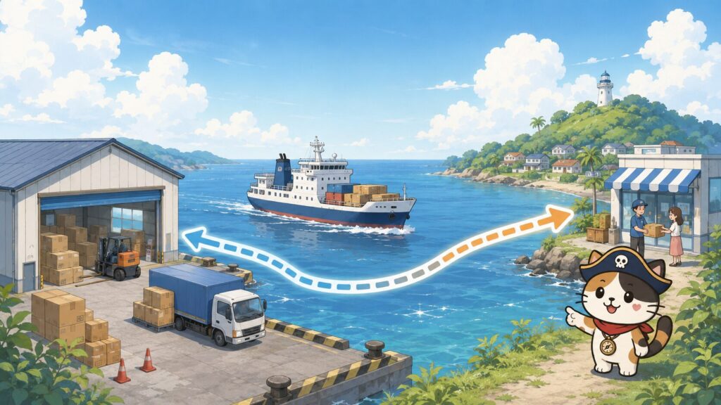 倉庫や船便、店舗受取のルートを通して、離島送料を抑える代替手段を表した画像